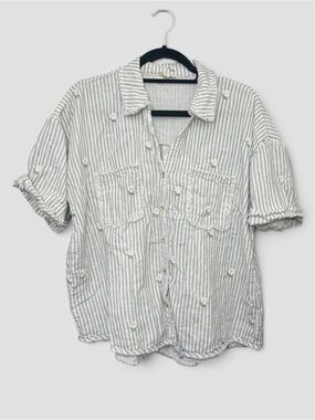 Hem & Thread Daisy Embroidered Striped Button-Down Blouse, High-Low Hem, Size L